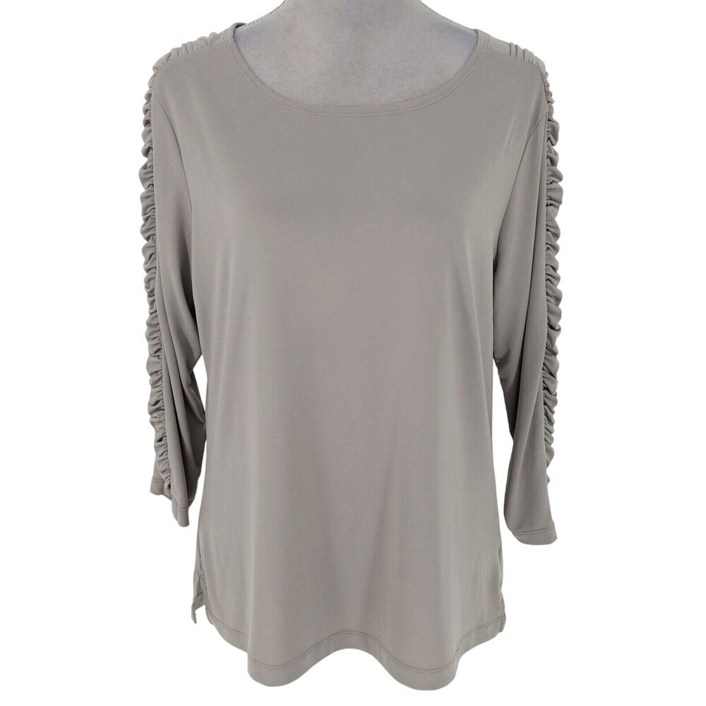 Susan Graver Top Womens Medium Gray Ruched Sleeves Stretch Knit Blouse Coastal